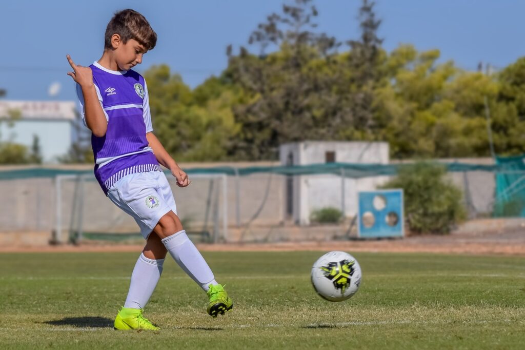 boy, sport, football, soccer, footballer, game, ball, player, field, kid, young, childhood, playing, fun, competition